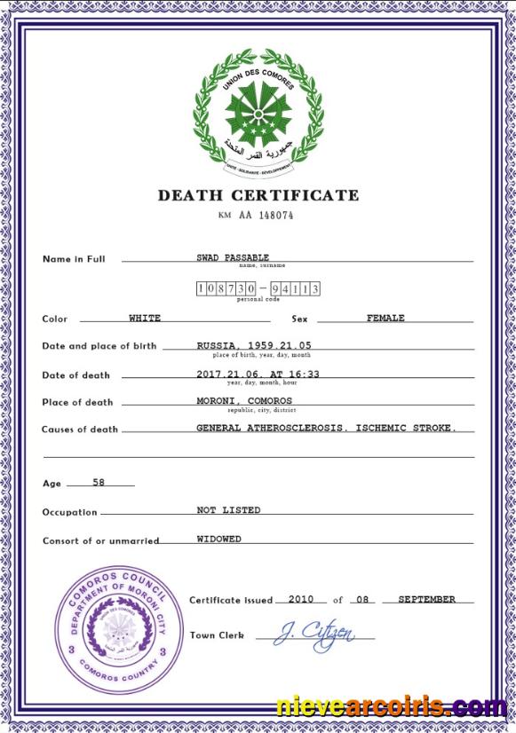 Comoros death certificate